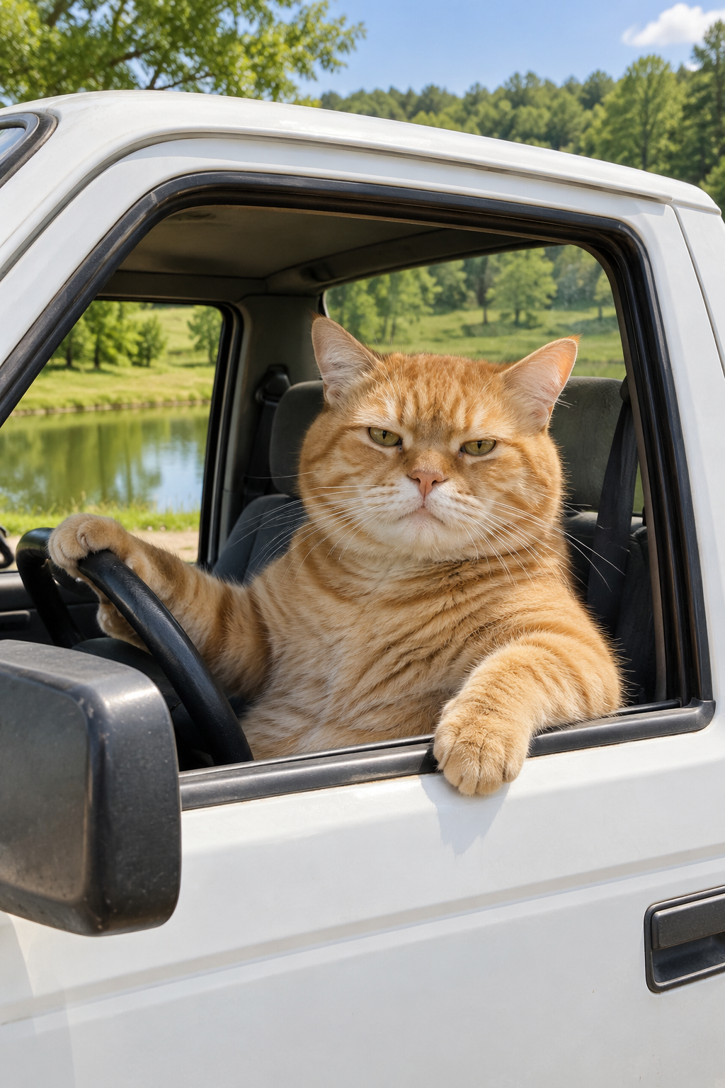 An unimpressed orange tabby cat at the open window of a white pickup truck