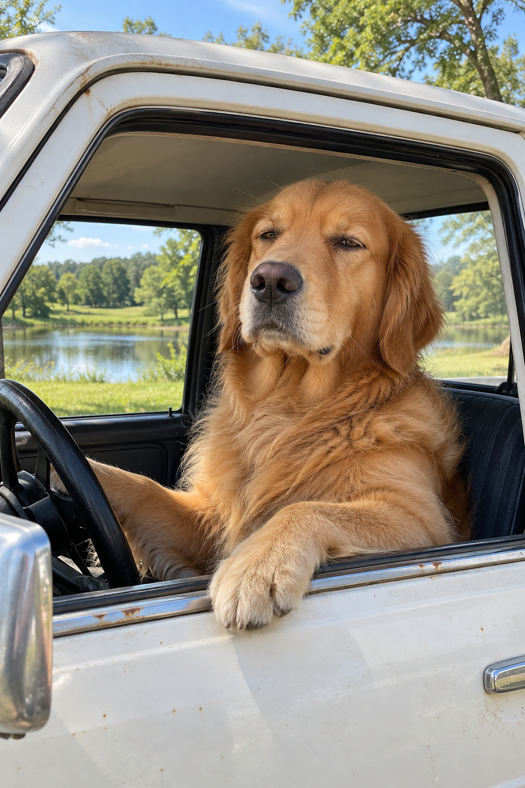 Golden retriever looking serious in the driver's seat of a white pickup