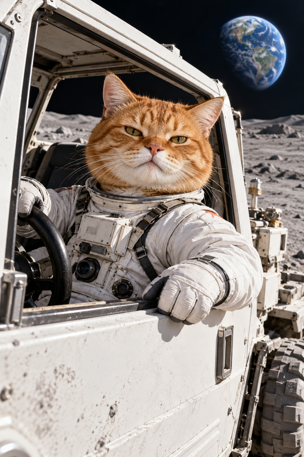 Orange astronaut cat guarding the moon from a white lunar rover